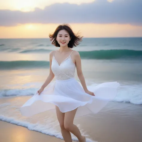 sunset on the beach，바다에 잔광이 비치네sunset on the beach 붉은 태양，A strong lingering scent is reflected in the sea., Beautiful 46-year-old short Korean woman, Chest size 34 inches, Wear sleeveless, white light skirt. beautiful pretty woman look , wearing a light sk...