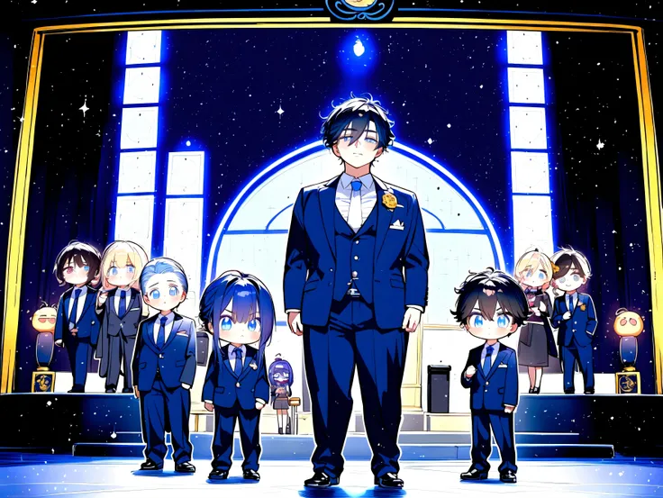 1boy, Anime figure in suit and tie standing in front of a stage, pretty anime pose, Big anime guy with blue eyes, Anime moe art style, in a strict suit, Hes wearing a suit, Young Anime Man, inspired by Okumura Masanobu, inspired by Okumura Togyu, Anime han...