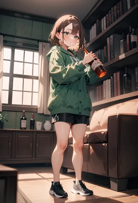 masterpiece, best quality, very aesthetic, absurdres, newest, 1girl, solo, asymmetrical bangs, tareme, young adult, midium brown hair, green eyes, looking at a bottle of alcohol, determined expression, cozy living room, bookshelf, window with sunlight, hop...