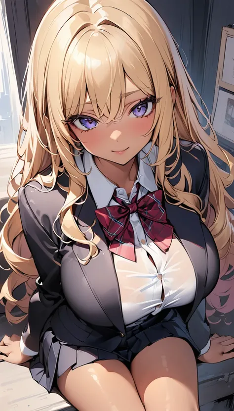 (best quality), (very aesthetic), (ultra-detailed), (best illustration), 1 girl, Solo, fine texture, (dark skin1.5), light blonde hair, long hair, (large breasts1.2), golden eyes, collared shirt, black blazer, pleated skirt, , bow,long slouchy socks