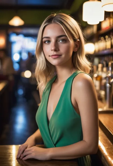 Raw and raw photography of {a young woman, blonde hair,light green eyes,sitting in a cozy corner of the bar, A young woman stands at the lively counter of a bar in Madrid, immersed in the vibrant atmosphere of the city. Dress elegantly, wearing a modern ou...