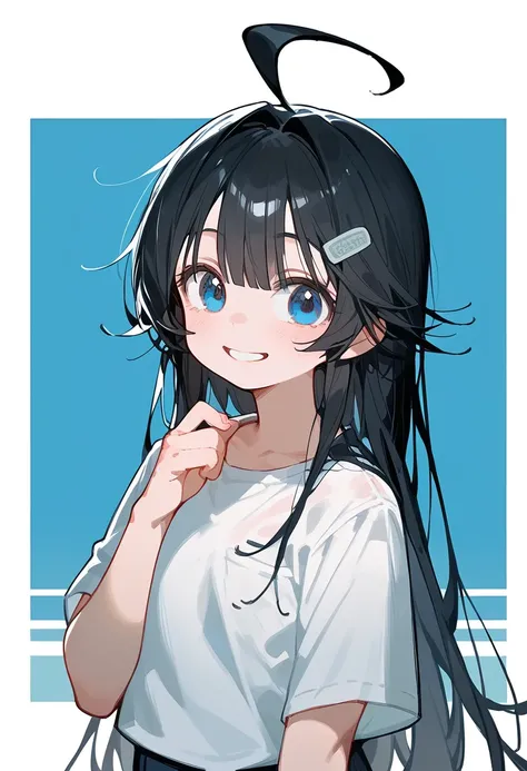 One Girl、Black Hair、Long Hair、Straight Hair、Ahoge、high school student、smile、Dark blue eyes、Big eyes、shirt、Background School