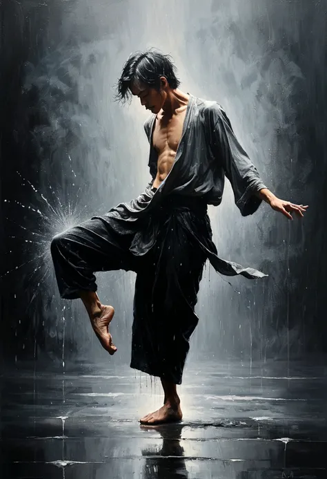 Minimalism风格的广阔的街道，Soul Dancer Mark,A homeless man dancing alone in the rain，soul，Barefoot，Loose and worn clothes，Professional ballet movements，Very contagious，Splash，Light and Shadow，Minimalism，artistic conception，Clean background，David Burr (David Bur) s...