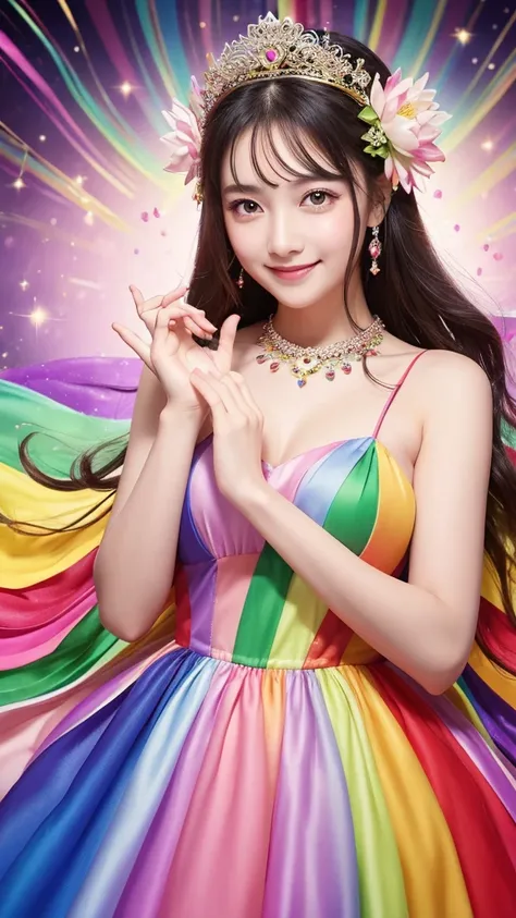   Goddess, rainbow dress, rainbow background, lotus flower, mysterious, gentle expression, smile, sparkling eyes, fair skin, wide eyes, slightly slanted eyes, beautiful, whole body visible, hands together, long dress