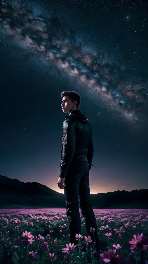 4k Landscape, beautiful stars at background, looks like a dream, sky looking extremely beautiful, ultra resolution, perfect lighting, Dark space, space photo, extremely beautiful, fantasy world, young guy standing on flowers, looking at the sky, dark vibes...