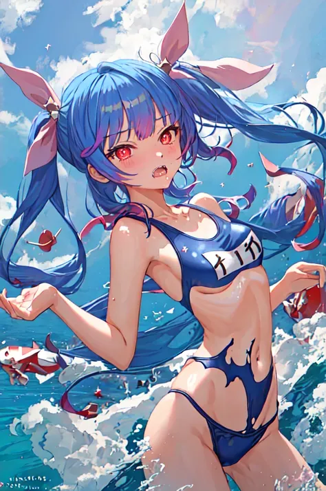 Highest quality, masterpiece, High resolution, alone, {I19_Fleet Collection:1.15}, Long Hair, Blue Hair, ribbon, ヘアーribbon, red_eye, tw private nta private ls, chest, big_chest, symbol-shaped_pup private ls, Swimsuits, 学校Swimsuits, ワンピースSwimsuits, Open_mou...