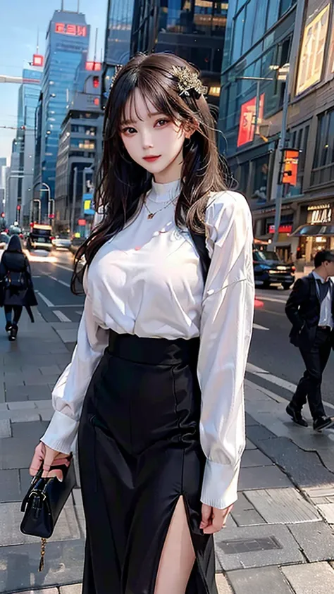 beautiful woman, walking in the city, background with skyscrapers, sunset, urban setting, fashionable outfit, confident expressi...