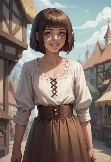 1 girl, european, fantasy, 30 years, she is wearing brown skirt, she has blond bobcut hair, she has grey eyes, she is smiling, town in the background, fantasy, realistic, detailed face, she has one angelic big wing white, flat chest