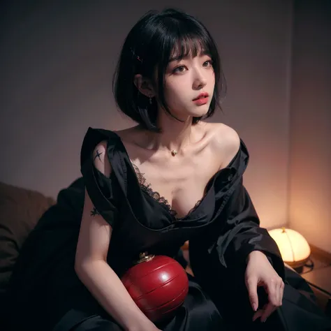 From below, Technoir, Sulky, Artistically refined, Realistic visuals, Breathtaking beauty, Diffused, natural skin glow, Girl sitting and enjoying the view, 24-years-old, thin, Floating Medium Hair, bangs, (Black Chinese Dress:1.2), masterpiece, Highest qua...