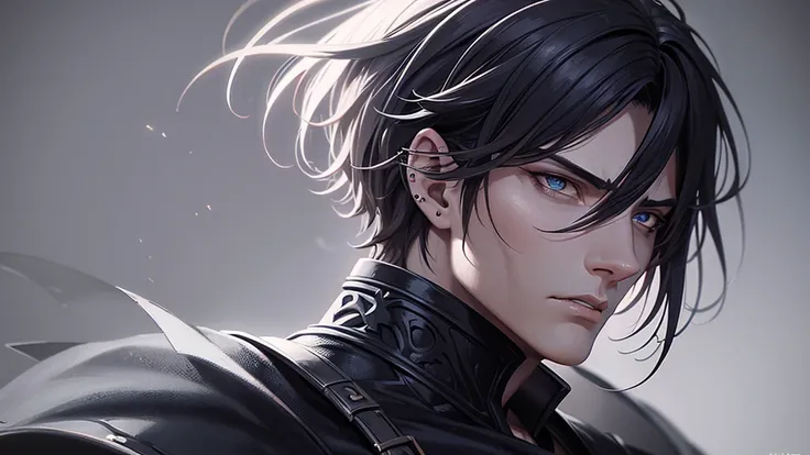 a male anime-style dark warrior, detailed face and expressions, piercing eyes, strong jawline, grey background, atmospheric lighting, dramatic lighting, cinematic composition, highly detailed, digital painting, concept art, vibrant colors, fantasy, dark fa...