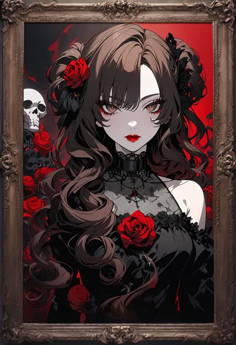 Portrait Of An Anime Character, Goth Anime Girl, Red Lips, Dark Brown Long Curly Hair, Brown Eyes, Roses In The Background, Choker, Shoulderless Black Dress,Elegant, Front View, Gothic, Anime Art, Dark Light With Red Highlights, Junji Ito Art, Skull, (Newe...