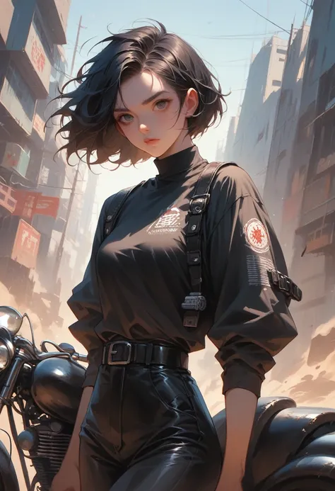 A Japanese girl with short black hair and wearing a black post-apocalyptic road warrior outfit rides a superconducting motorbike through a futuristic city