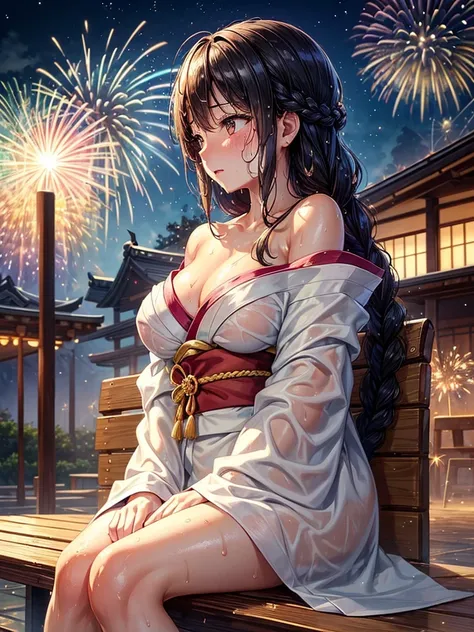 (highest quality)), ((masterpiece)), (family friendly), Perfect Face,Shiny skin,Beautiful breasts,Shiny skin、Kyoto Animation style painting、Hair、Golden Eyes、Sunburned skin、night、Braided Hair、(((firework)))、(((night)))、Sit on a bench、(((Sweat)))、(((wet)))、
...