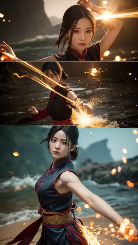 Spectacular water bending shots, in front, Award-winning photo, wuxia, Beautiful Chinese Woman，Focus on the face, Photorealistic eye style, Bokeh，Surrealistic illustration style, Super detailed, Cinematic Screenshots Unreal Engine, Zbrush3DアートVray，Glow Par...