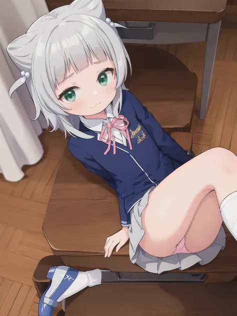 Highest quality,masterpiece,Green Eyes, Grey Hair, hair ornaments, Animal ears, Flat Chest,uniform,Navy Blue Blazer,White shirt,Pink ribbon,Grey Skirt,Pink Panties,White long socks,Black low heels,sitting on desk,