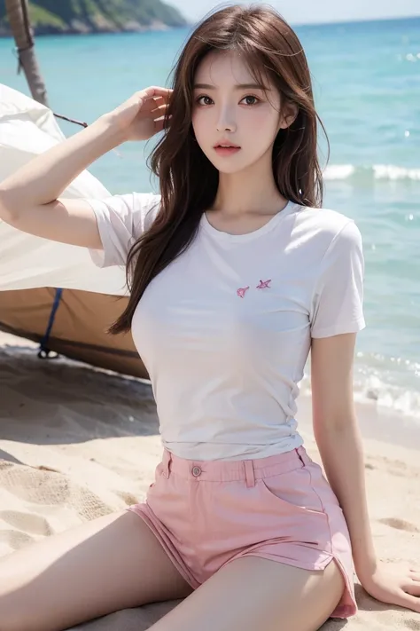 masterpiece, high resolution, best quality, Very detailed, Pink Eyes, Beautiful woman, Pure white quick-drying short sleeves，beach，Long hair