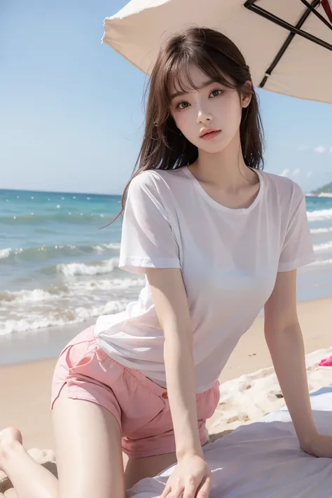 masterpiece, high resolution, best quality, Very detailed, Pink Eyes, Beautiful woman, Pure white quick-drying short sleeves，beach，Long hair