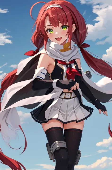 Highest quality, masterpiece, High resolution, 一人in, {Sichuan wind_Kantai Collection:1.15}, length_hair, red_hair, ribbon, hairband, hair_ribbon, 前hair, Ahoge, twintails, Side Lock, low_twintails, asymmetrical_前hair, very_length_hair, smile, green_eye, Ser...