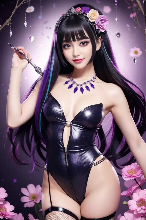 sexy woman who controls poison、beautiful smile、lipgloss、long lashes、smokey eye-makeup、full body Esbian、、sparkling poisoned flower costume、、、、sparkling Colorful hair、secrete poison、skull hair accessories、fishnet tights、flowers background