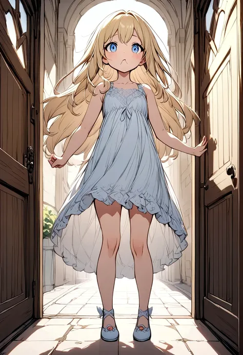 anime. baby. princess. blonde. long hair. blue eyes. beautiful eyes. light dress. shoes. cold. runny nose. snot. nasal mucus. sn...