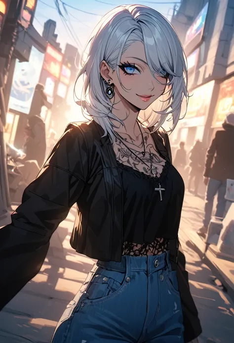 1womanl, holo-punk style, milf hair white hair, blue colored eyes, aretes, eyelash, ssmile, beachfront, jewerly, lips, make up, ...