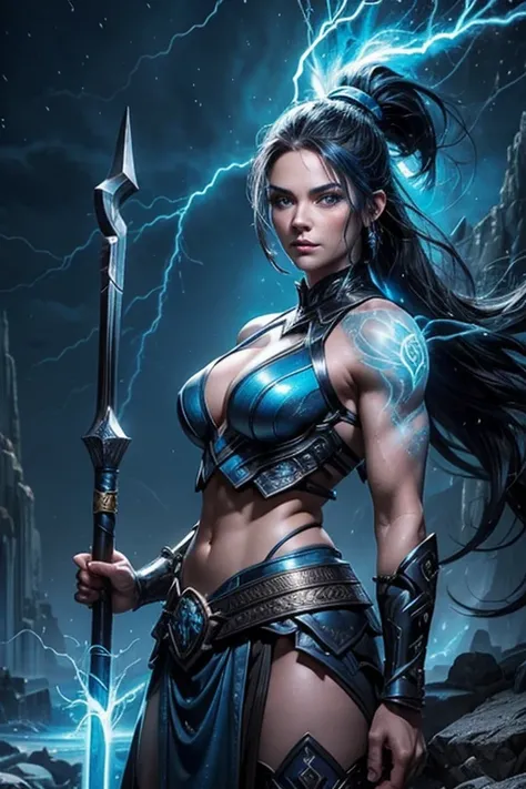 old but beautiful and muscular mature female storm giant with blue black hair in a ponytail and lightning staff, glowing tattoos and pale blue skin wearing steel runic plate Armour , temple cave background with lightning storm, glowing blue eyes with elect...