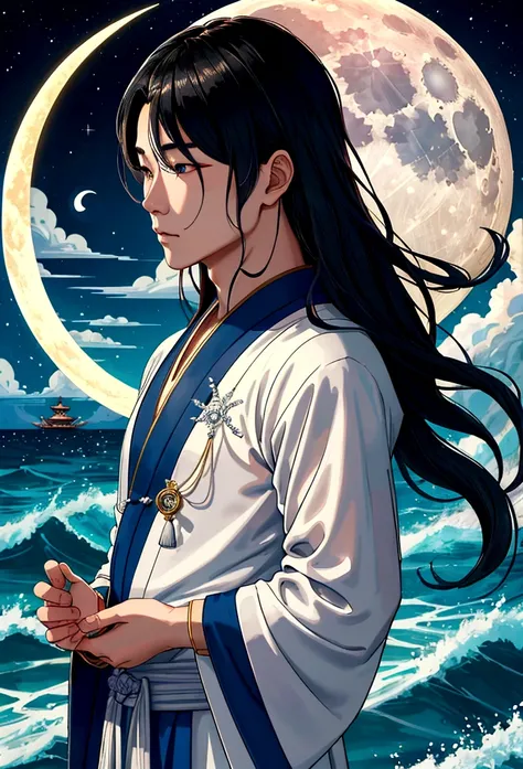 Close up portrait of a person standing on the beach near the sea, Moon God, Jan J, Chinese Fantasy, Moon God, Haise Jinyao, Moon&#39;s  God, Zhao Yun, Lostrun 8k, Wearing a loose robe, Moon God, Inspired by Shen Quang, King of the Sea