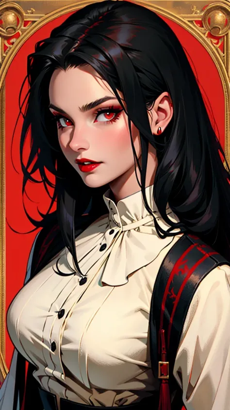 A vampire, woman with long black hair, Eyes red, Red lips, sharped teeth, black fitted clothing, castle, rustic, Mediovale