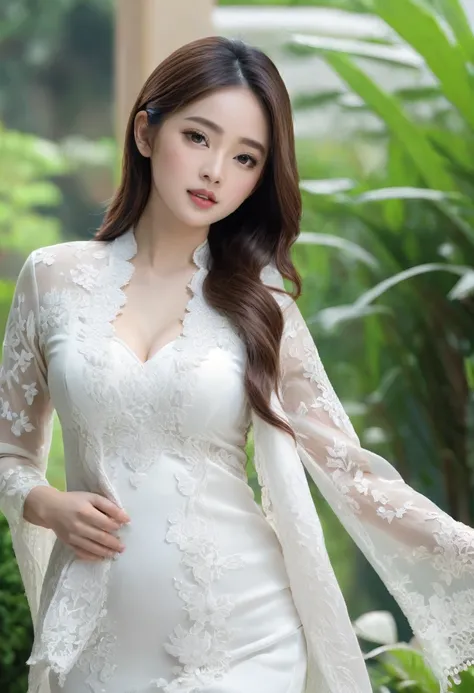 8k, best quality, Medium close-up, (white kebaya )、(luxury kebaya ),(top-quality,​masterpiece:1.3,超A high resolution,),(ultra-detailliert,Caustics),(Photorealsitic:1.4,RAW shooting,)Ultra-realistic capture,A highly detailed,high-definition16Kfor human skin...