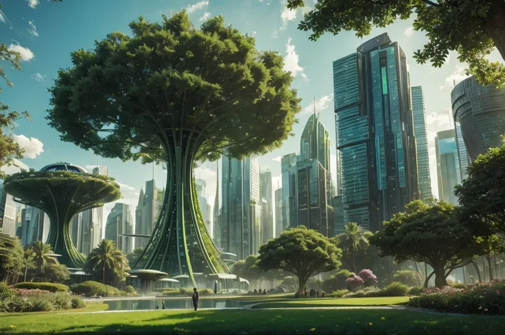 green futuristic city, park, eco plant, utopia, HDR, 4k resolution, tree, plant