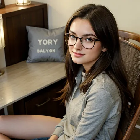 a beautiful brunette 18 yearold  outfit glasses sitted down