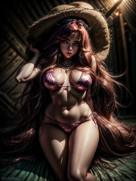 In a dimly lit beach with soft, warm lighting, a cute young busty woman with tiara sits on the sand, her long curly red hair glistening in the glow. She wears a sparkling pink side-tie bikini with sexy cleavage that seems to shimmer and shine like biolumin...