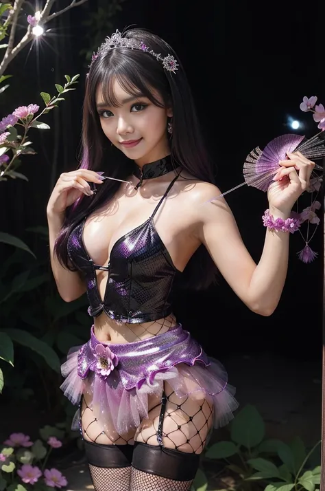 sexy Indonesian Model who controls poison、beautiful smile、lipgloss、long lashes、smokey eyeshadow、look at the camera、full body Esbian、、sparkling poisoned flower costume、、、、shiny sparkling multicolor hair、secrete poison、skull hair accessories、fishnet tights、s...