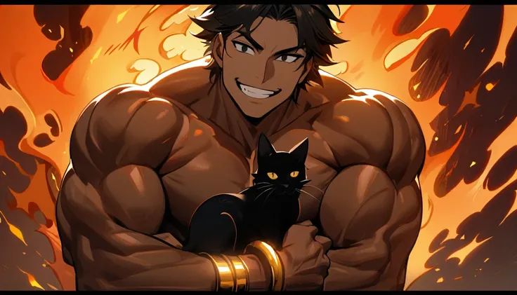 1male  , long black hair , golden bracelets , Firey background , smiling, black eyes , adult , muscular build , black cat 