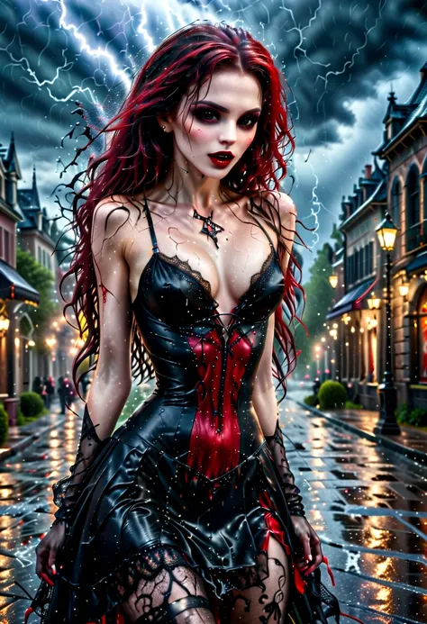 a female vampire (dancing: 1.3) in the rain during lightning storm, goth art, dark fantasy art, glamours (vampire: 1.5) model shot, RAW, award winning picture of a female vampire, dynamic hair color, dynamic hair style, pale skin, full body, busty woman, (...