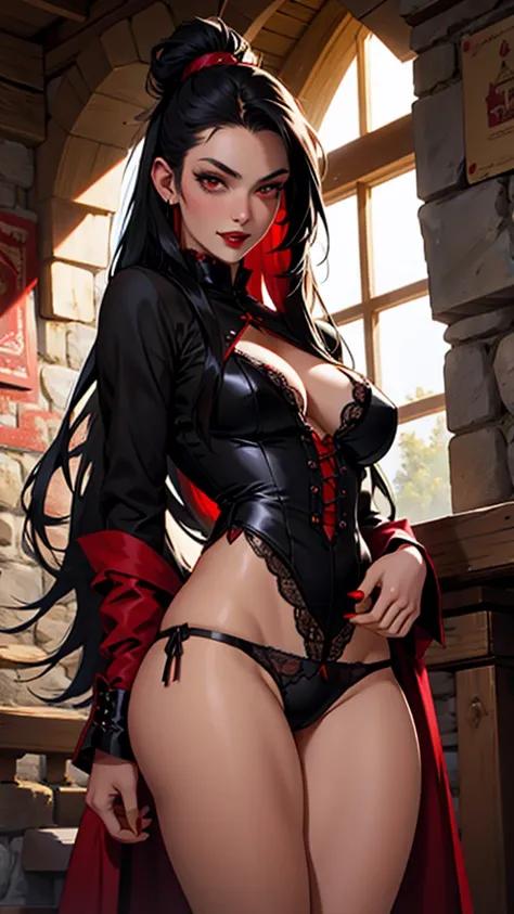 A vampire, woman with long black hair, Eyes red, Red lips, sharped teeth, black lingerie, castle, rustic, Mediovale, thick-thighs, wide hip,