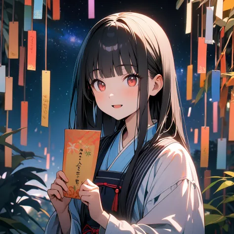 (8K, best quality, master piece: 1.2), super high resolution,1 girl,solo,16yo,ultra-detailed face,detailed eyes,red eyes,black hair,blunt bangs,Straight hair,Long hair,light smile, open mouth,Hanfu,The girl holding a wish paper with the Three "7" written o...