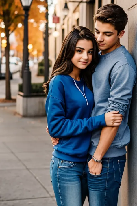 Teenage couple hugging dressed casually in sweatshirt and jeans 