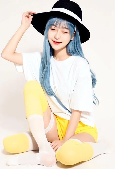 1girl, teenage, white long t-shirt, black stockings , no shoes, light blue medium hair, yellow hat, winking