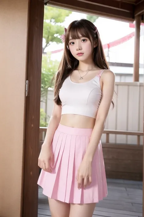 Pink Skirt，Blue and white underwear, topless, , Light red, , A cute and vivid skirt,  Straight bangs, Medium Hair、Shrine maiden, Japanese high school girl like in the photo,　Pale-skinned girl, , , necklace, 14 years old, , , ,, 8K, , Plain eyes、, realistic...