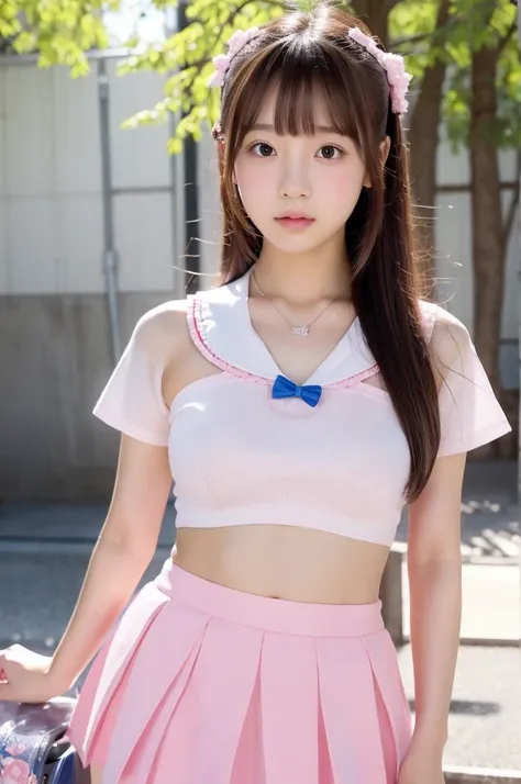 Pink Skirt，Blue and white underwear, topless, , Light red, , A cute and vivid skirt,  Straight bangs, Medium Hair、Shrine maiden, Japanese high school girl like in the photo,　Pale-skinned girl, , , necklace, 14 years old, , , ,, 8K, , Plain eyes、, realistic...