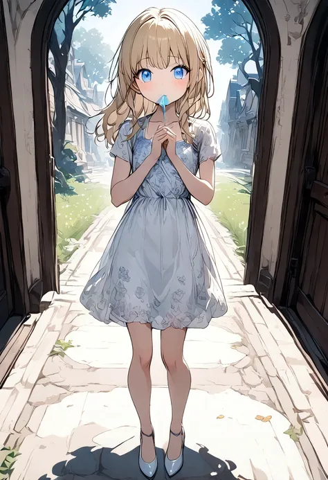 anime. baby. princess. blonde. long hair. blue eyes. beautiful eyes. light dress. shoes. cold. runny nose. snot. nasal mucus. sn...