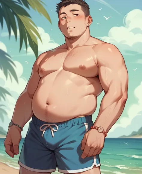 horny young teen chubby man wearing small swim trunks on the beach 