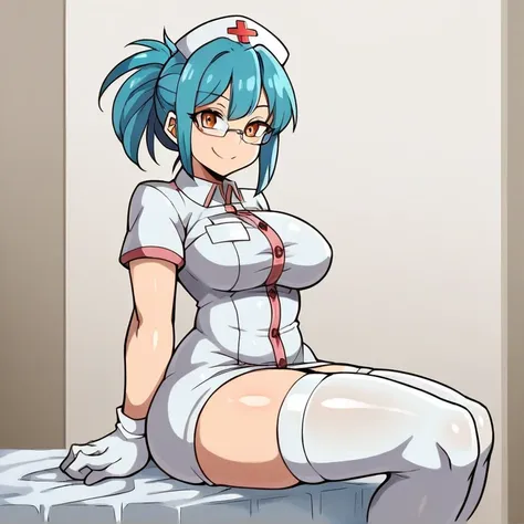 1girl, solo, nurse, nurse cap, white wear, ((white legwear, zettai ryouiki)), white gloves, glasses, blue hair, orange eyes, smile, ((hospital room)), sharp outline, short sleeves, best quality, masterpiece