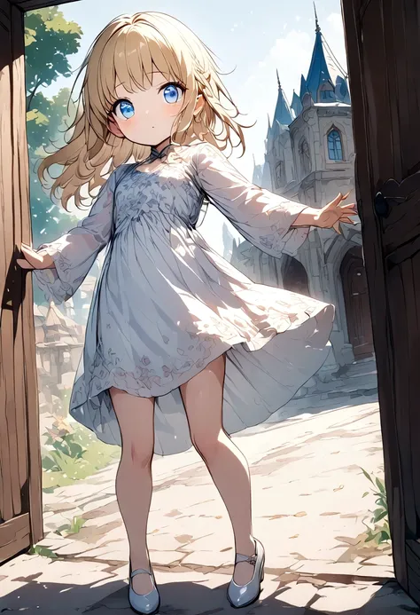 anime. baby. princess. blonde. long hair. blue eyes. beautiful eyes. light dress. shoes. cold. runny nose. snot. nasal mucus. sn...