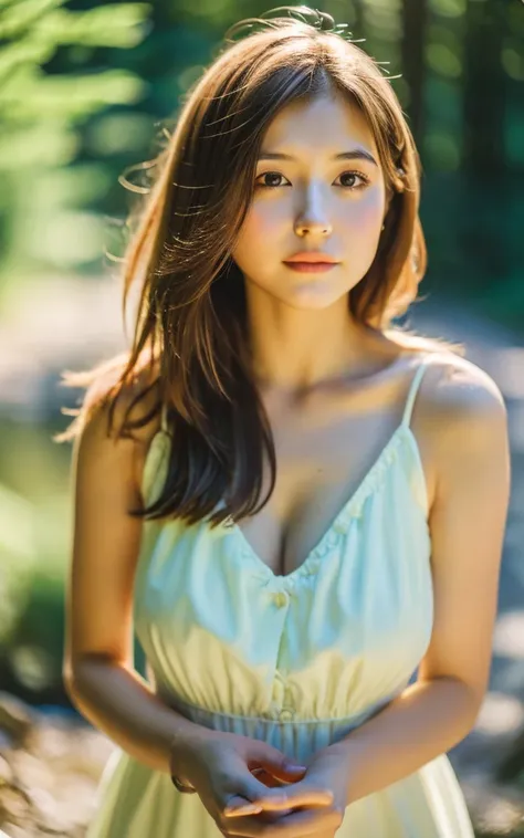 masterpiece, Best Quality, 8K, 1 girl, Japanese cute  girl, in summer, forest, stream, out of focus, 18 yo, large breasts, Mouth slightly open, cute little, Solo, sad, summer dress, Girly, Delicate girl, Neat and clean beauty, Raw photo, Professional Photo...