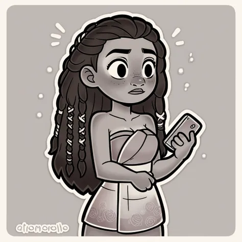 score_9_presence, score_8_up, moana, wrapped in towel, medium breasts, holding phone