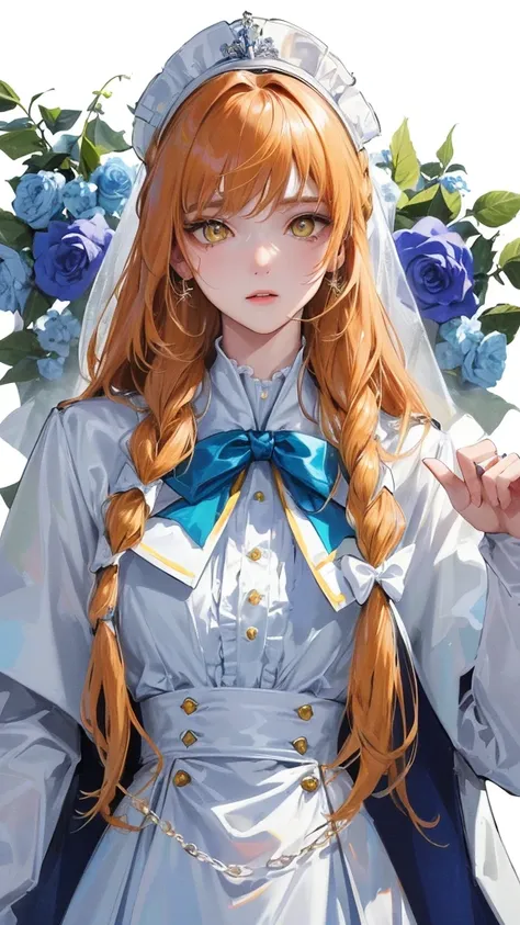 (Top resolution、Distinct_image)top-quality、femele、​masterpiece、highly detailed、Semi-realistic、yellow  eyes、18year old、young、cool clothing、Exquisite facial features、Facial features、unique hairstyle, variations, potrait, white background,   ginger hair , lon...