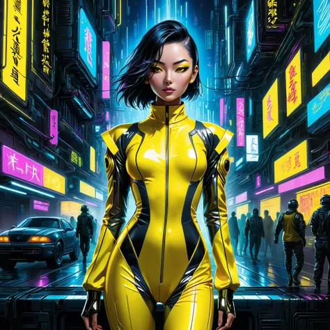 In a neon-lit cyberpunk space setting, a figure emerges clad in a sleek yellow jumpsuit, designed with a distinct art style reminiscent of Yoshiaki Kawajiri. The scene is portrayed in a vivid and elaborate digital painting, showcasing sharp edges and dynam...