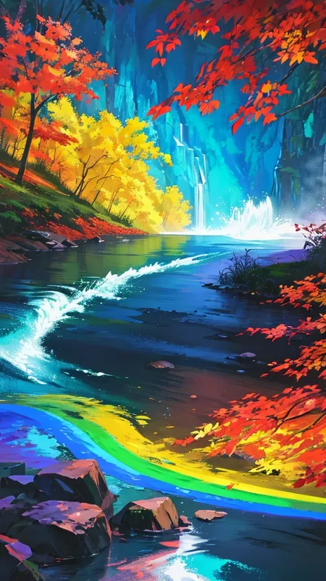 Painting of a waterfall with a rainbow in the middle of it, rainbow river waterfall, with trees and waterfalls, ethereal rainbows, forest and waterfall, just one rainbow 8 k, rainbow, beautiful digital painting, cascading iridescent waterfalls, fantasy pai...